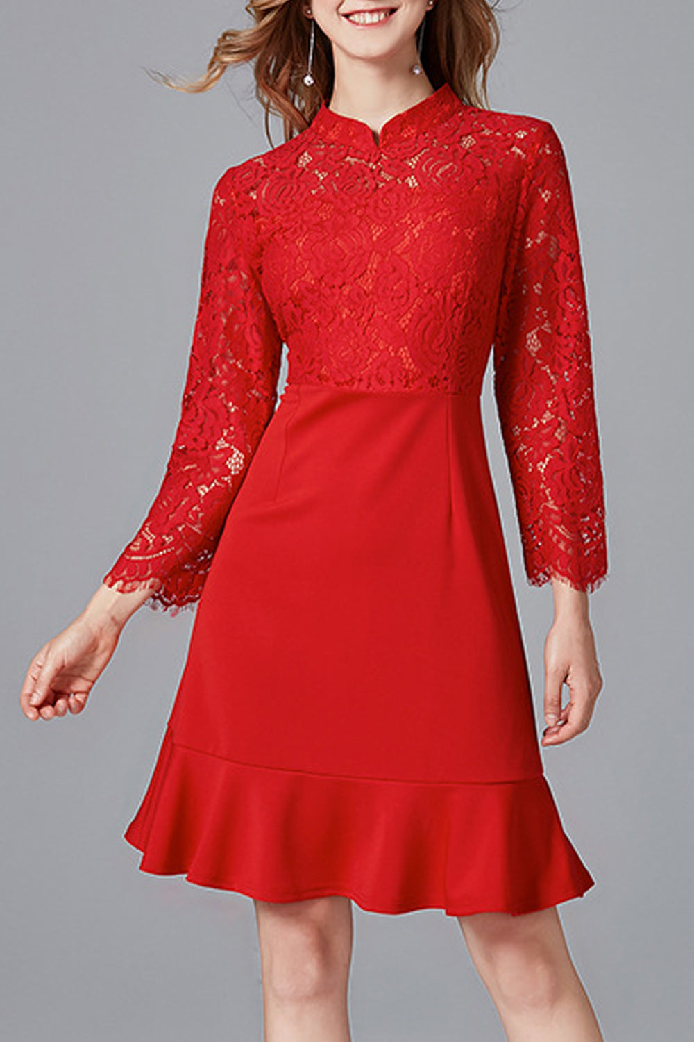 Women Beautiful Red Color Floral Lace Pattern Long Sleeve Dress