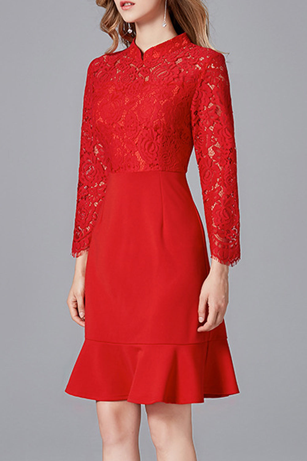 Women Beautiful Red Color Floral Lace Pattern Long Sleeve Dress