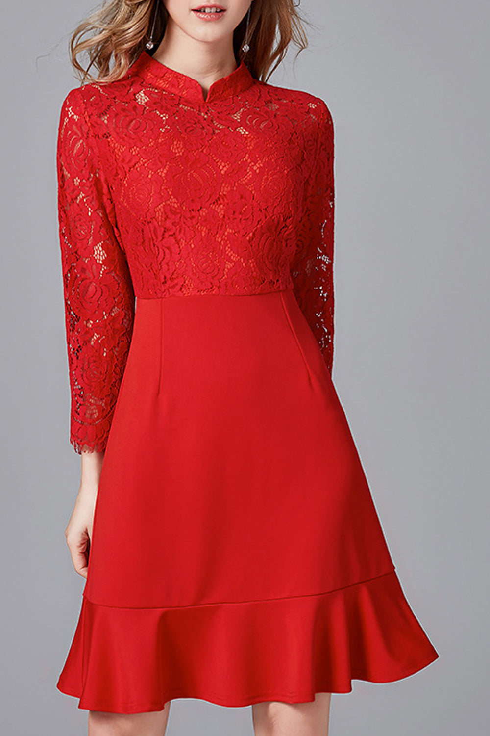 Women Beautiful Red Color Floral Lace Pattern Long Sleeve Dress