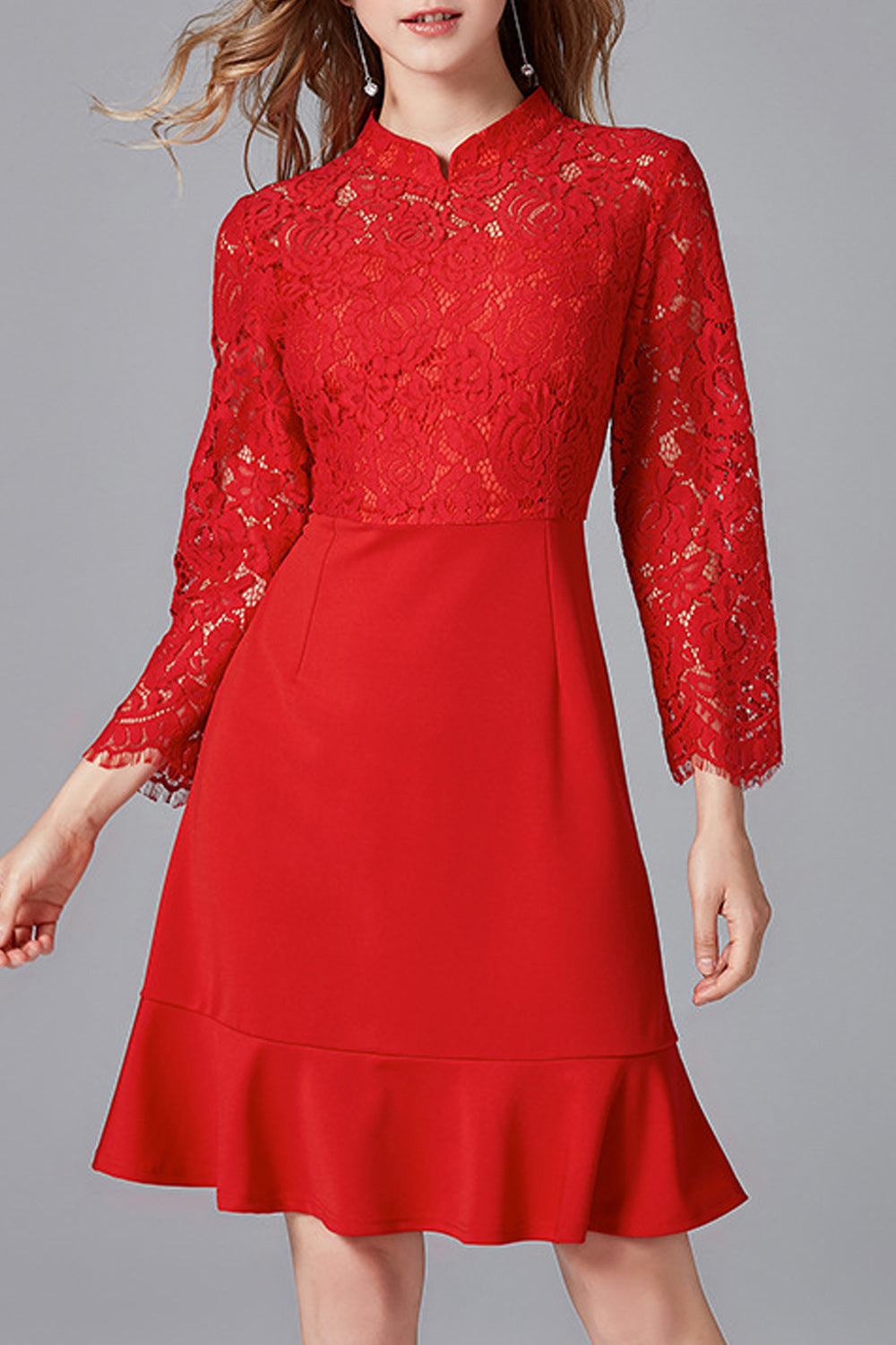 Women Beautiful Red Color Floral Lace Pattern Long Sleeve Dress