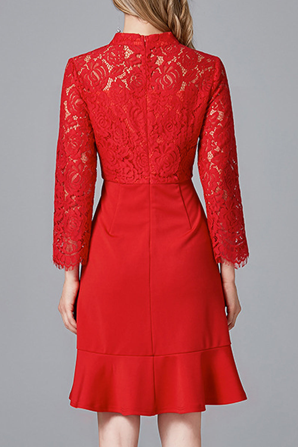 Women Beautiful Red Color Floral Lace Pattern Long Sleeve Dress