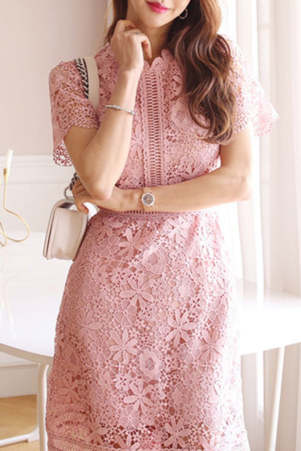 Women Beautiful Flower Lace Round Neck Short Sleeve Slim Fit Dress
