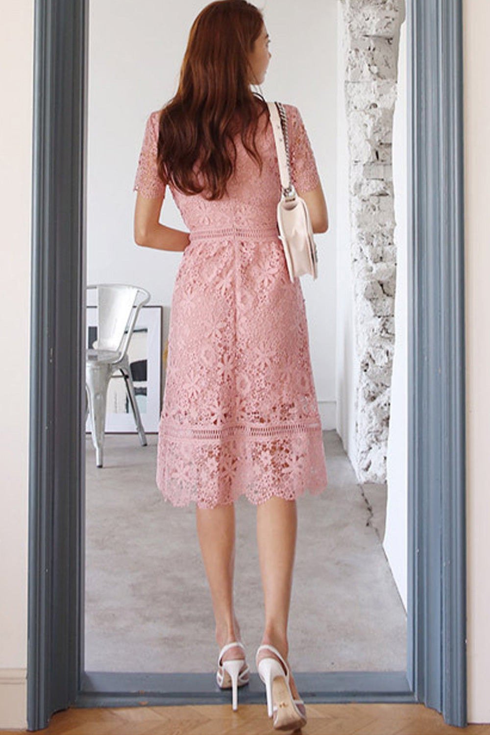 Women Beautiful Flower Lace Round Neck Short Sleeve Slim Fit Dress