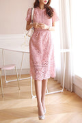 Women Beautiful Flower Lace Round Neck Short Sleeve Slim Fit Dress