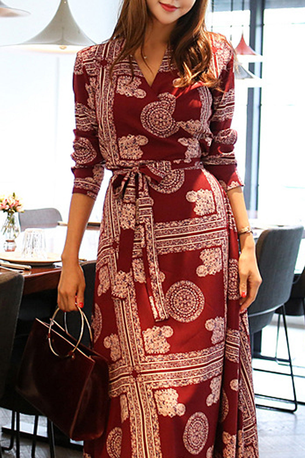 Women Awesome Printed Pattern Long Sleeve V-Neck Dress
