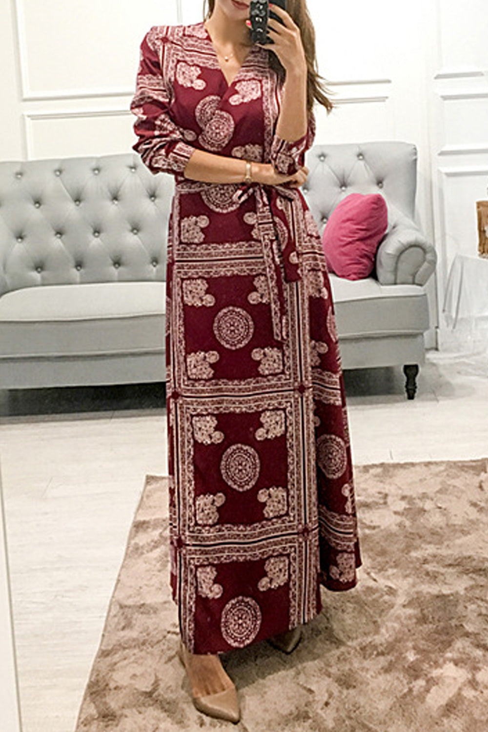 Women Awesome Printed Pattern Long Sleeve V-Neck Dress