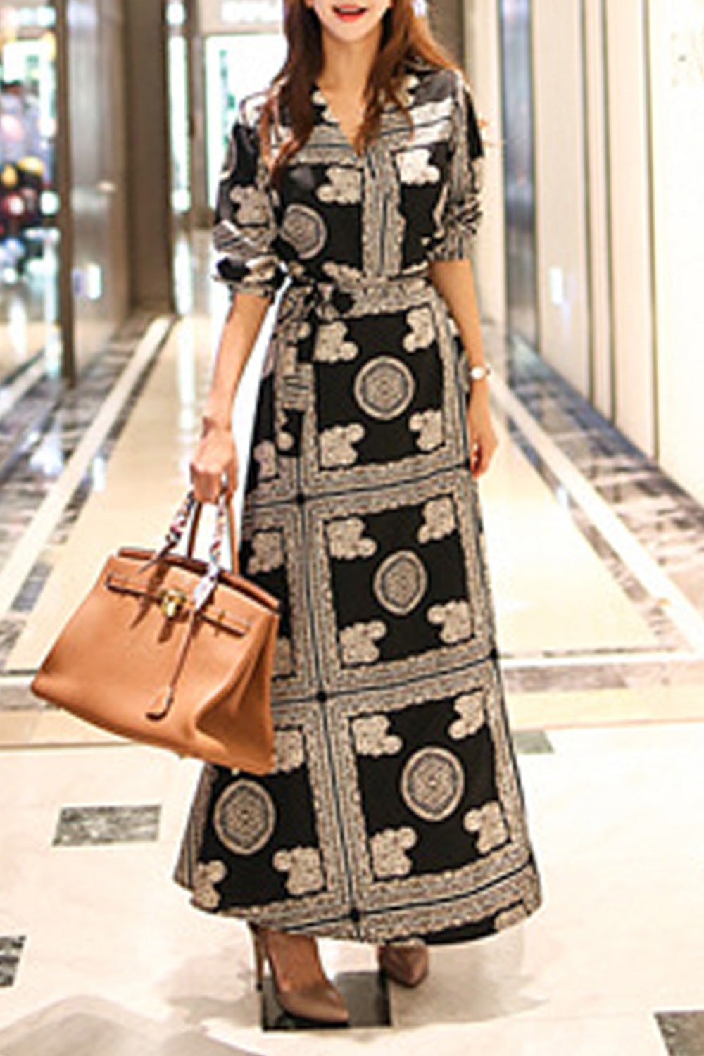Women Awesome Printed Pattern Long Sleeve V-Neck Dress