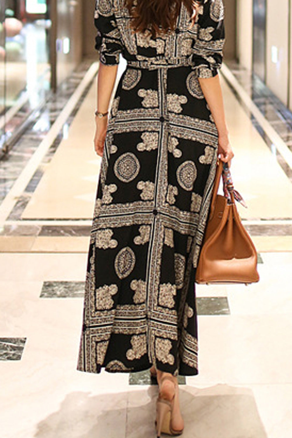 Women Awesome Printed Pattern Long Sleeve V-Neck Dress