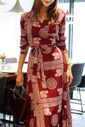 Women Awesome Printed Pattern Long Sleeve V-Neck Dress