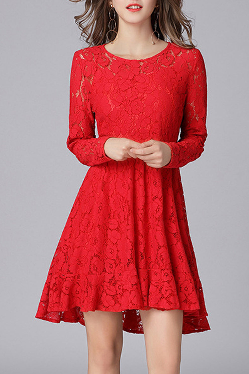 Women Pretty Lace Solid Color long Sleeves Dress