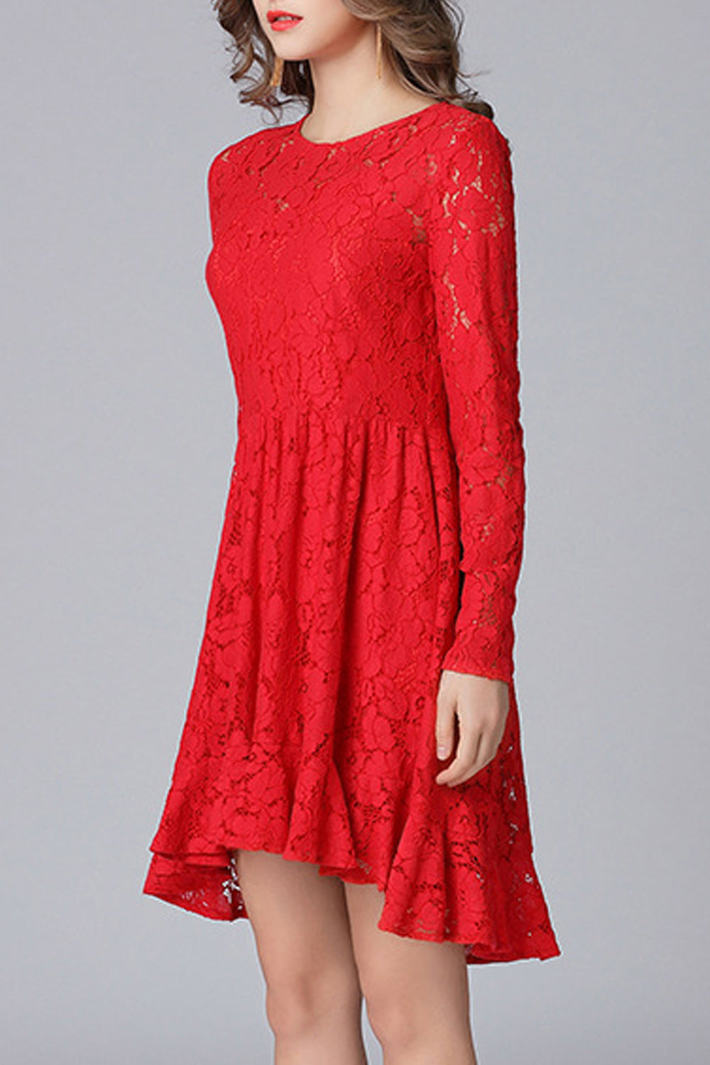 Women Pretty Lace Solid Color long Sleeves Dress