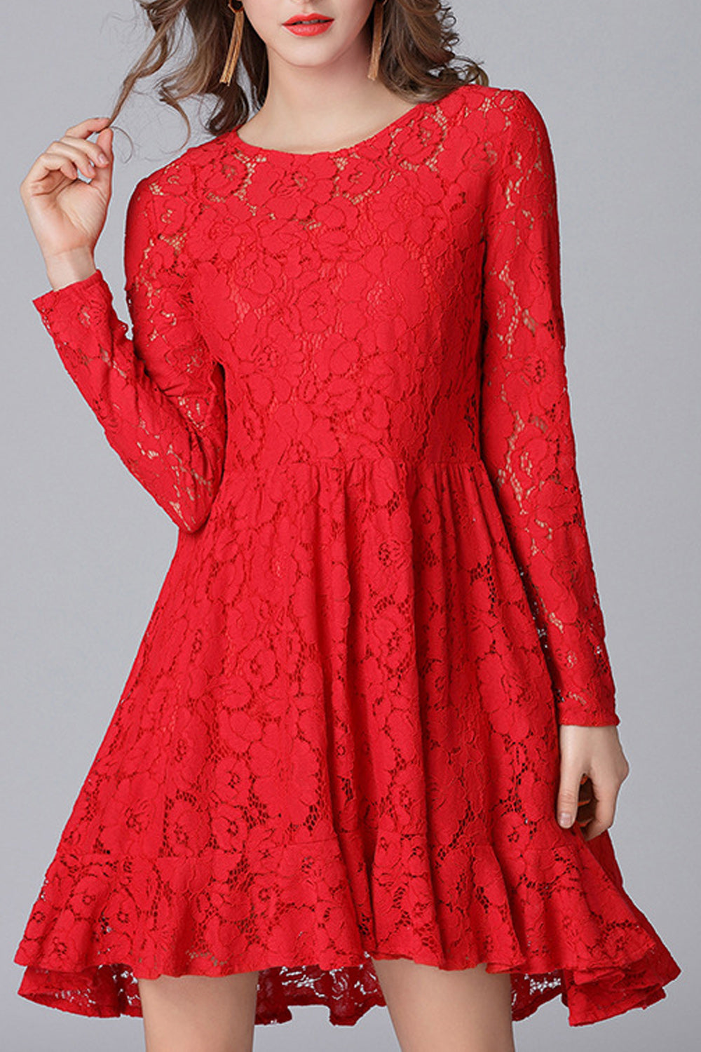 Women Pretty Lace Solid Color long Sleeves Dress