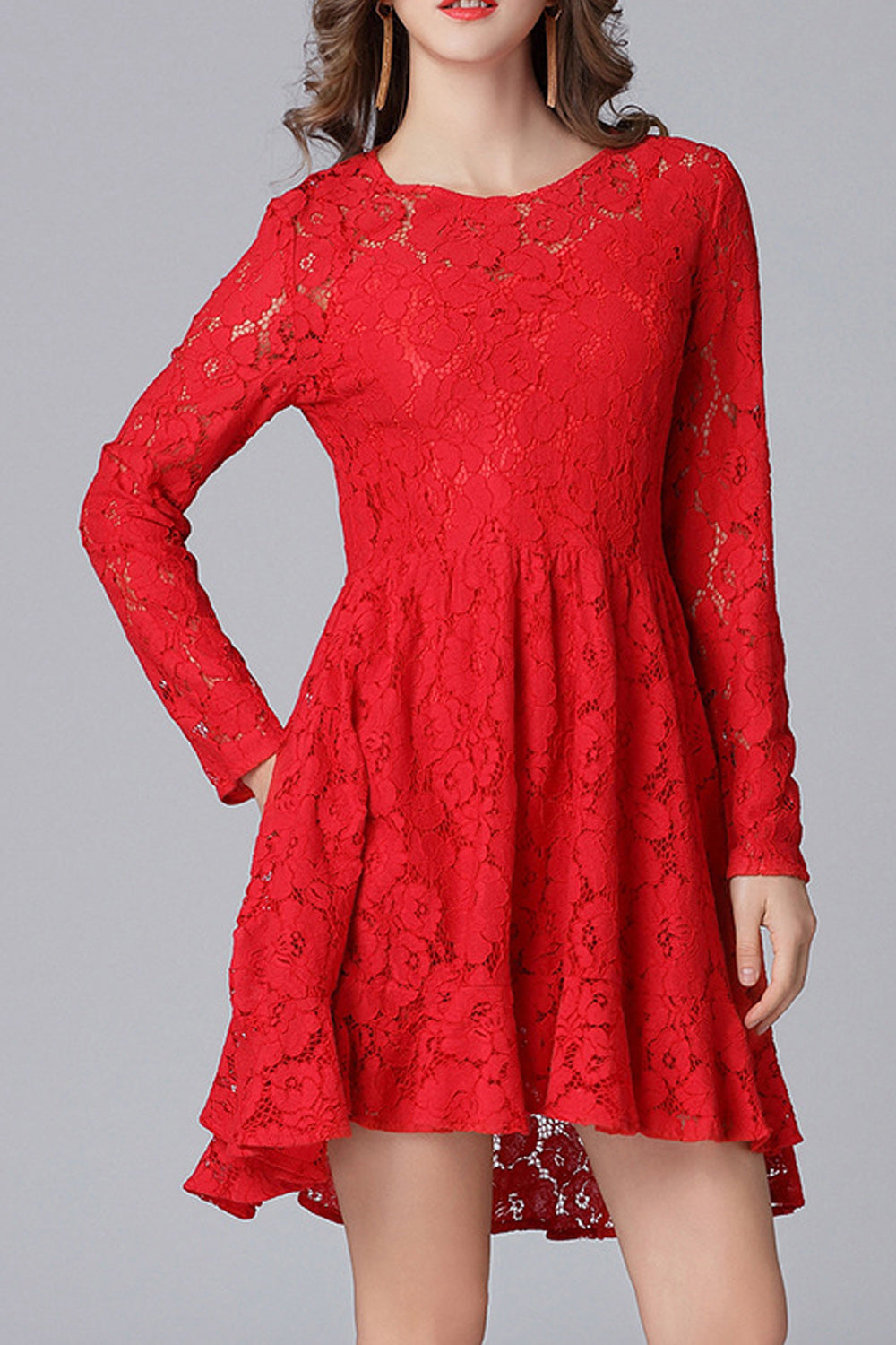 Women Pretty Lace Solid Color long Sleeves Dress