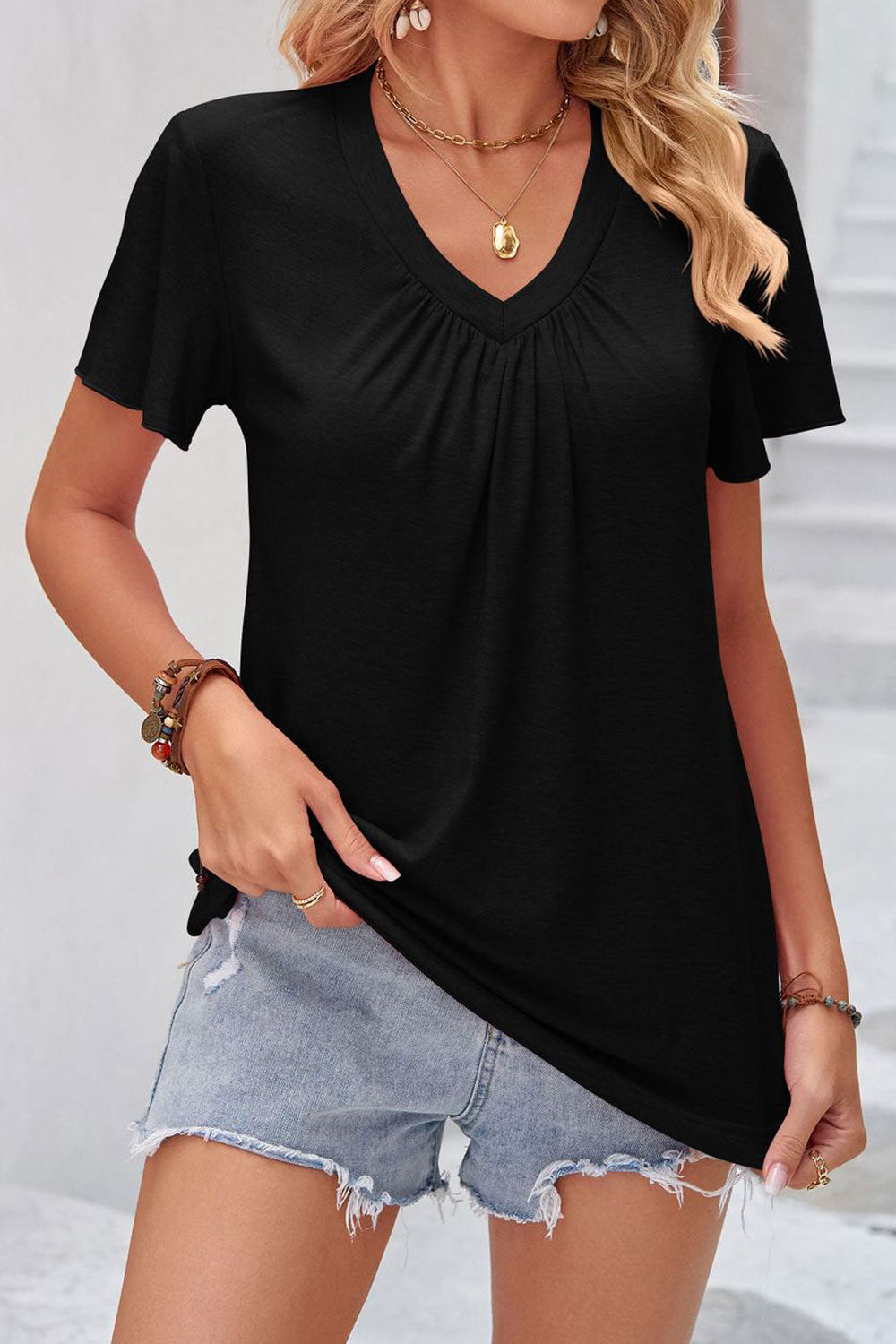 Women New Fashion Shirred V-Neck Ruffled Sleeves Solid Color Summer Casual Loose Top