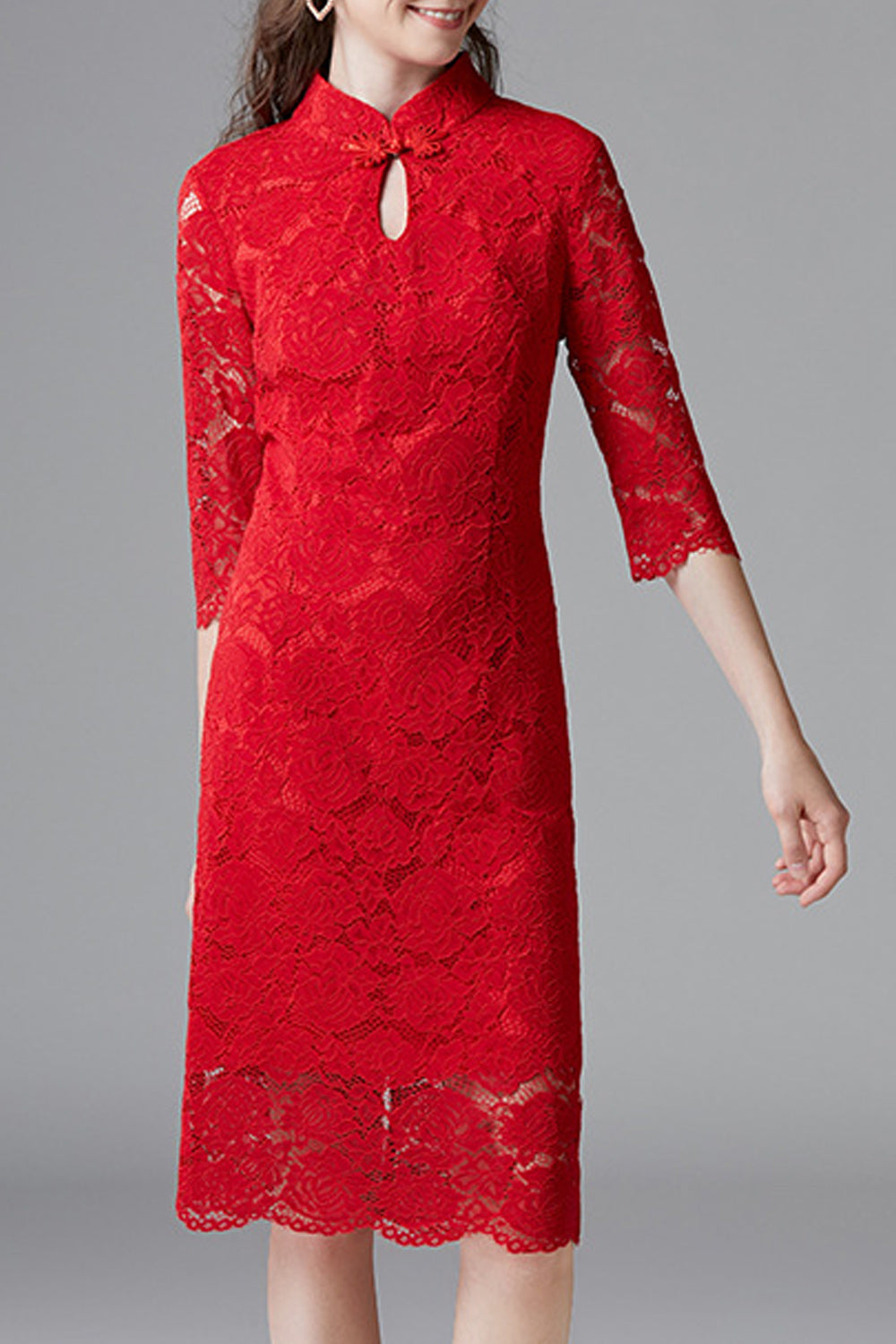 Women Red Color Floral Lace Pattern Round Collar Neck Dress