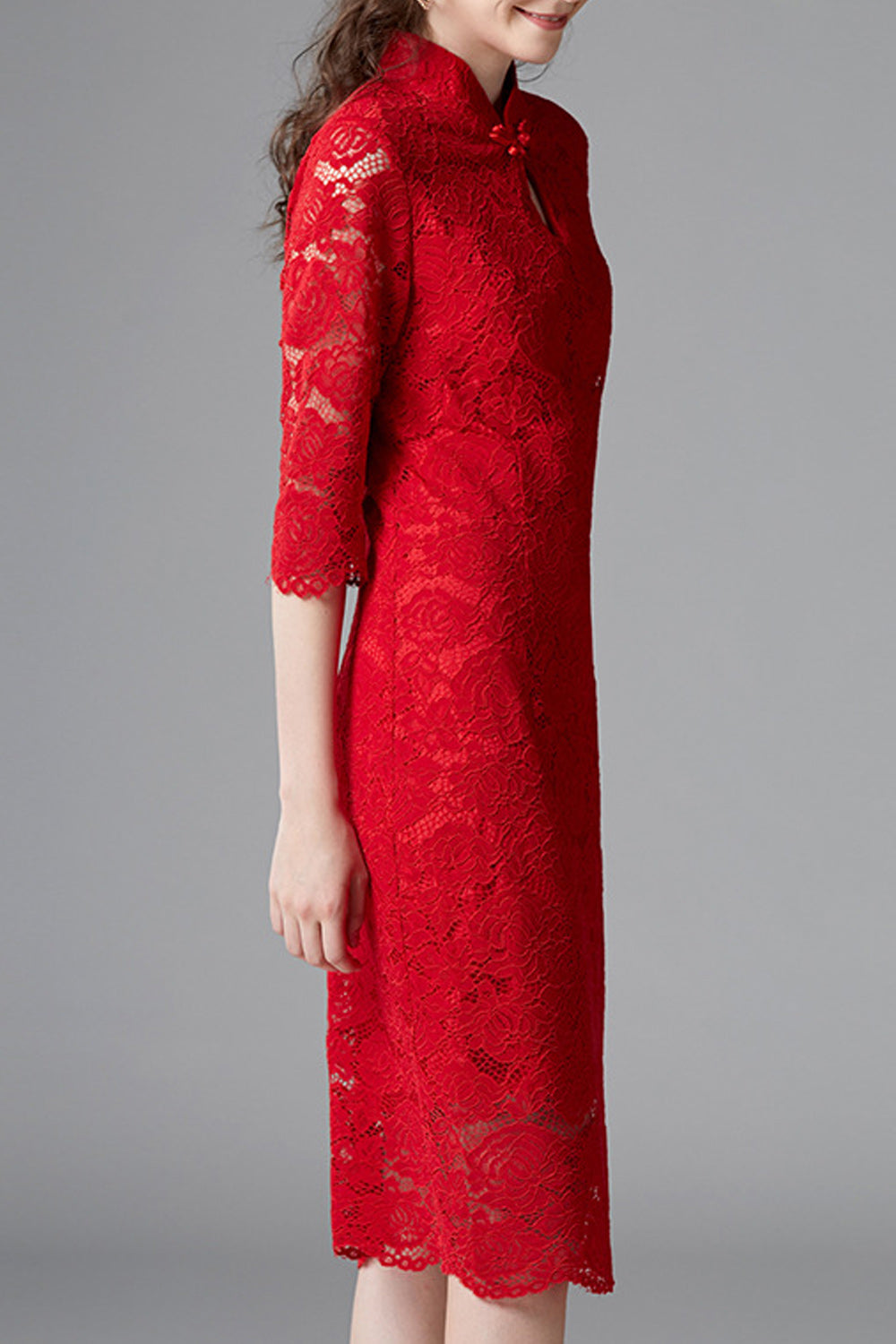 Women Red Color Floral Lace Pattern Round Collar Neck Dress