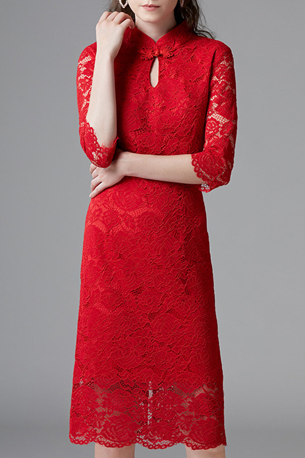 Women Red Color Floral Lace Pattern Round Collar Neck Dress