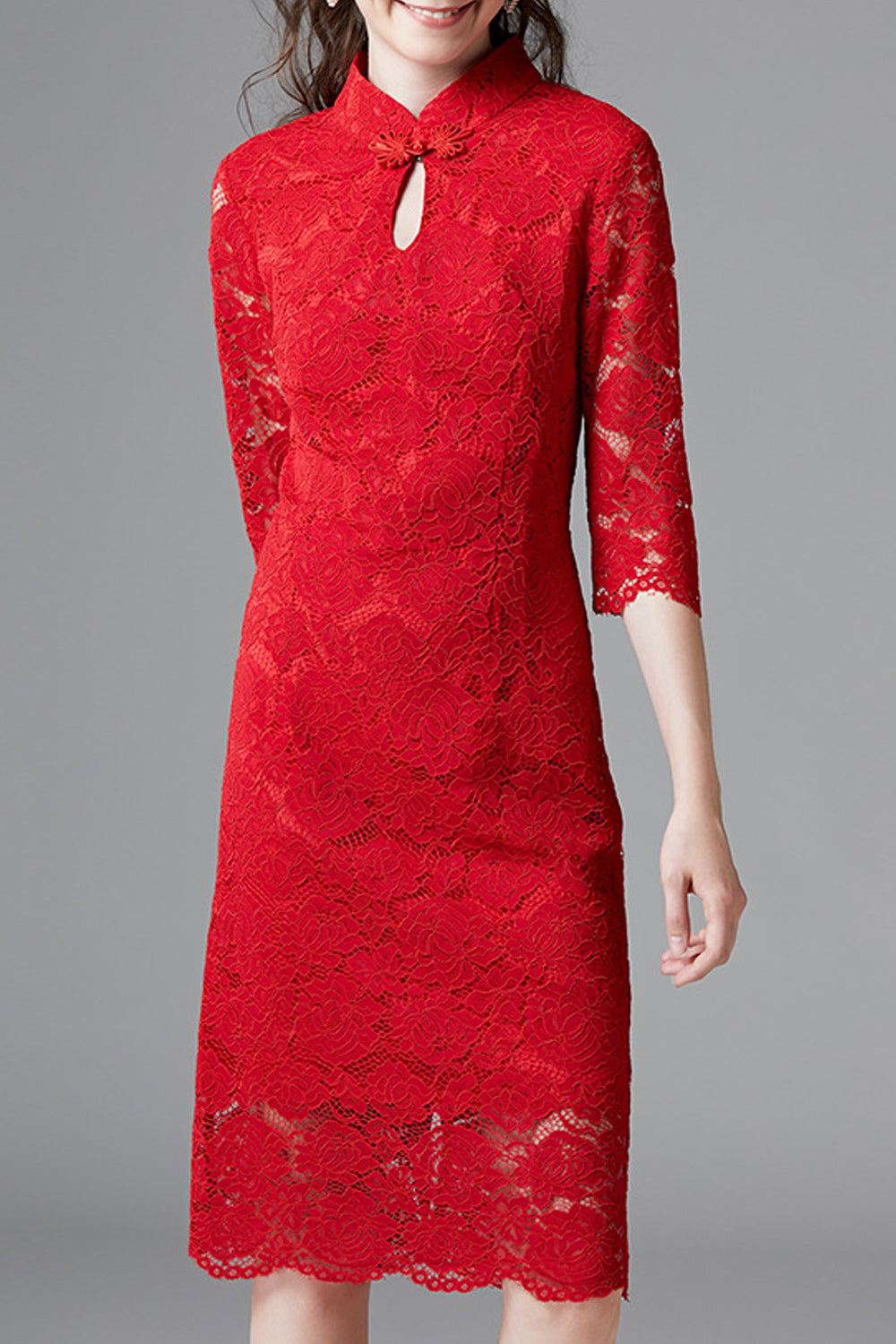 Women Red Color Floral Lace Pattern Round Collar Neck Dress