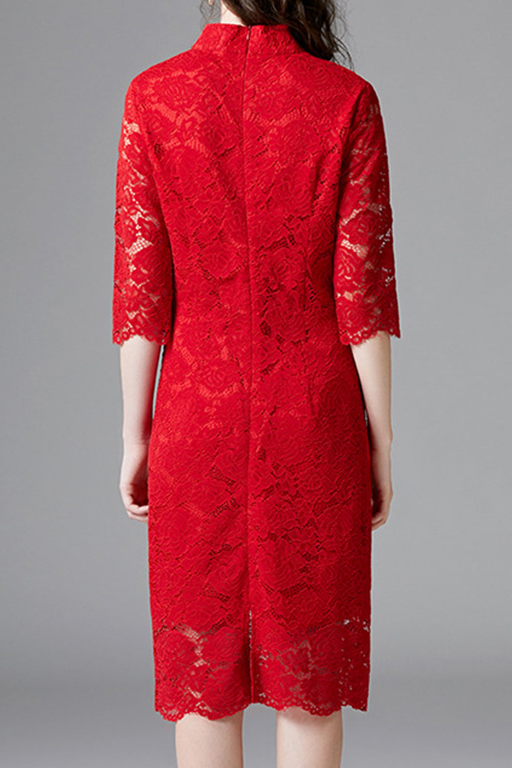 Women Red Color Floral Lace Pattern Round Collar Neck Dress