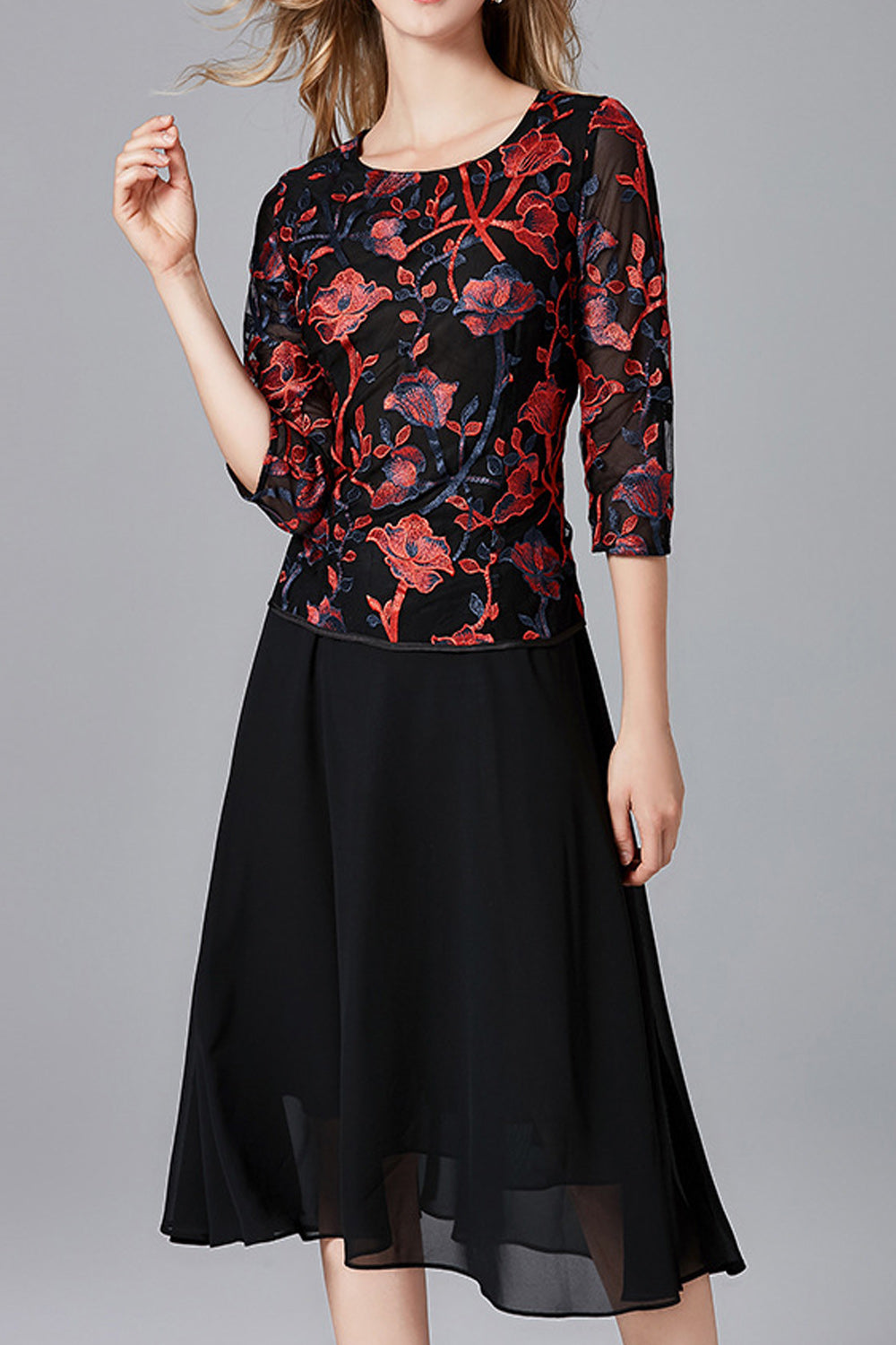 Women Embroidered Chiffon Round Neck Beautiful Dress