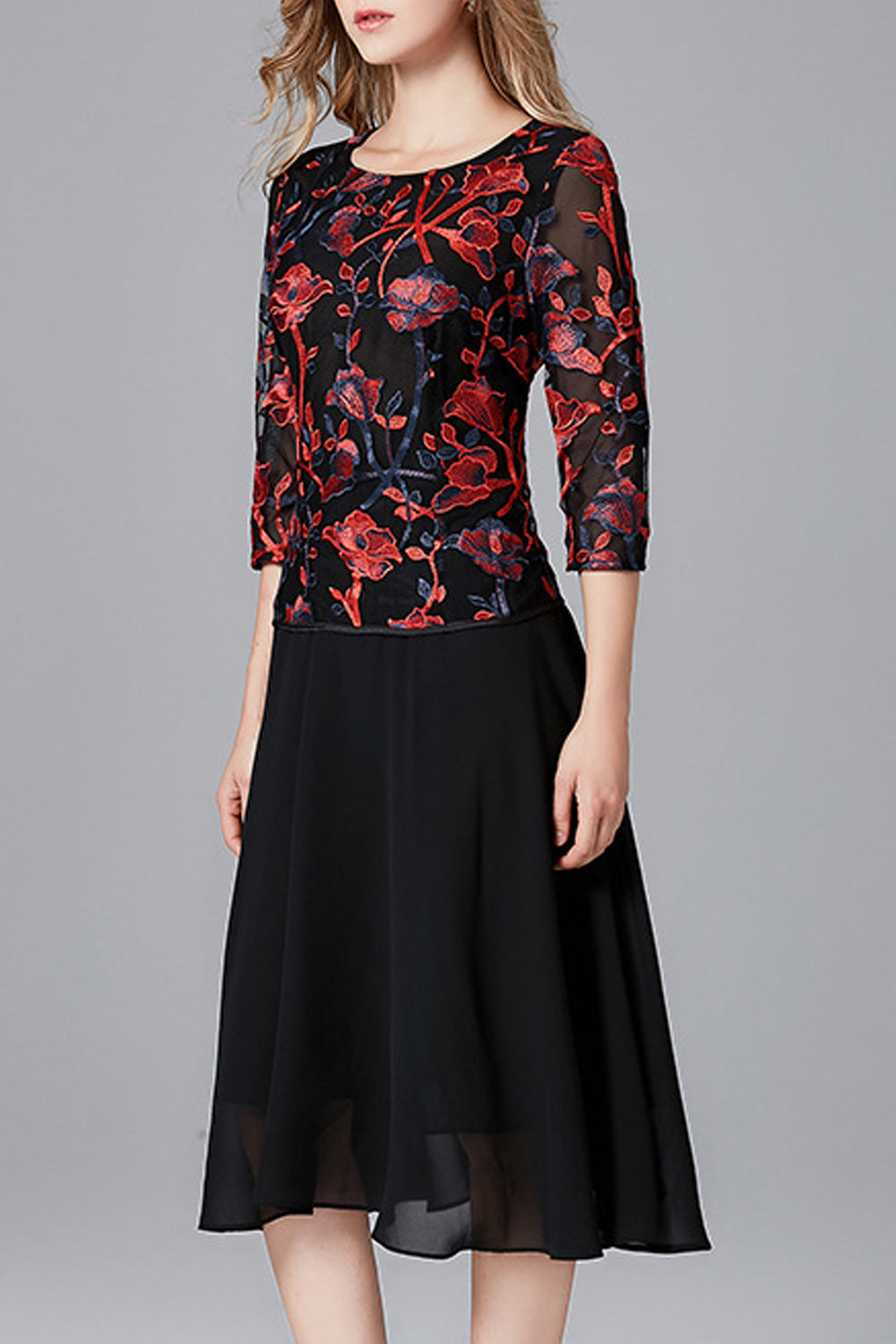 Women Embroidered Chiffon Round Neck Beautiful Dress