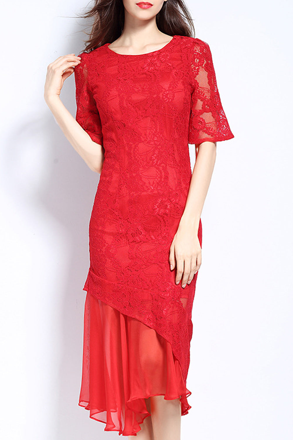 Women Superb Irregular Hem Solid Pattern Round Neck Dress