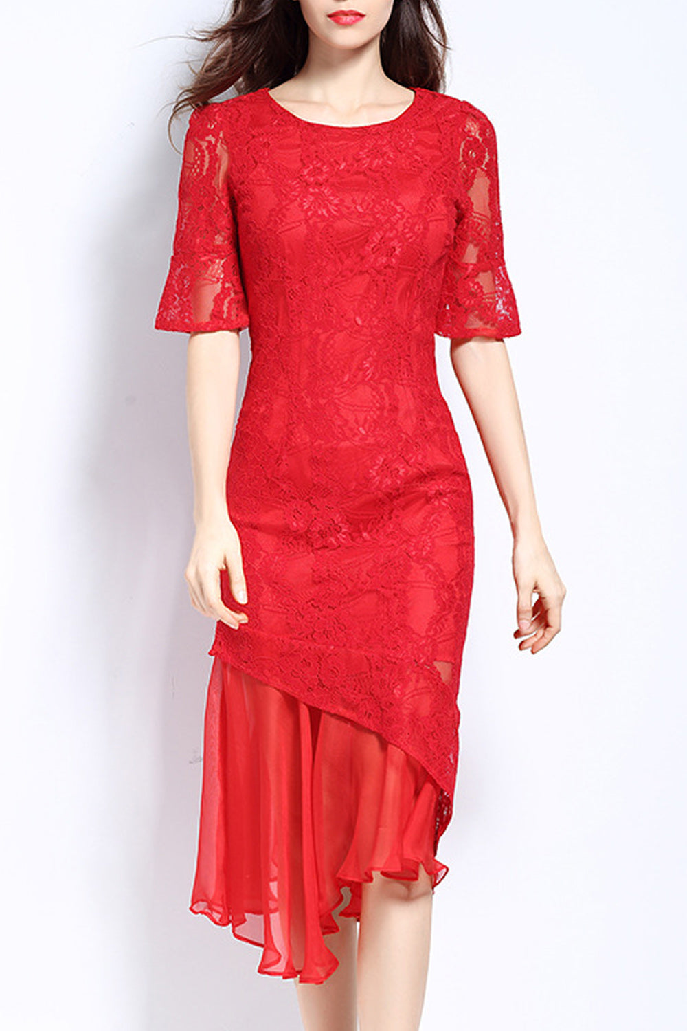 Women Superb Irregular Hem Solid Pattern Round Neck Dress