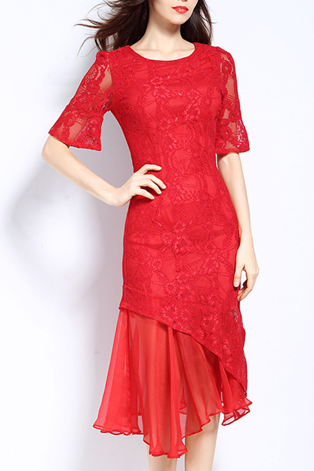 Women Superb Irregular Hem Solid Pattern Round Neck Dress