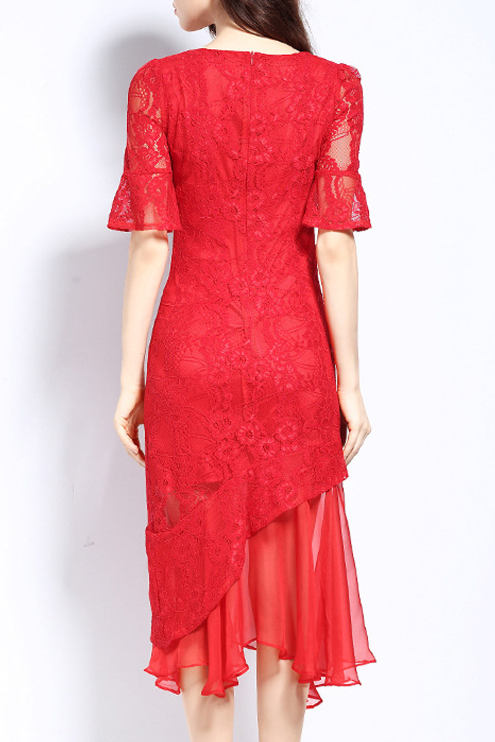 Women Superb Irregular Hem Solid Pattern Round Neck Dress
