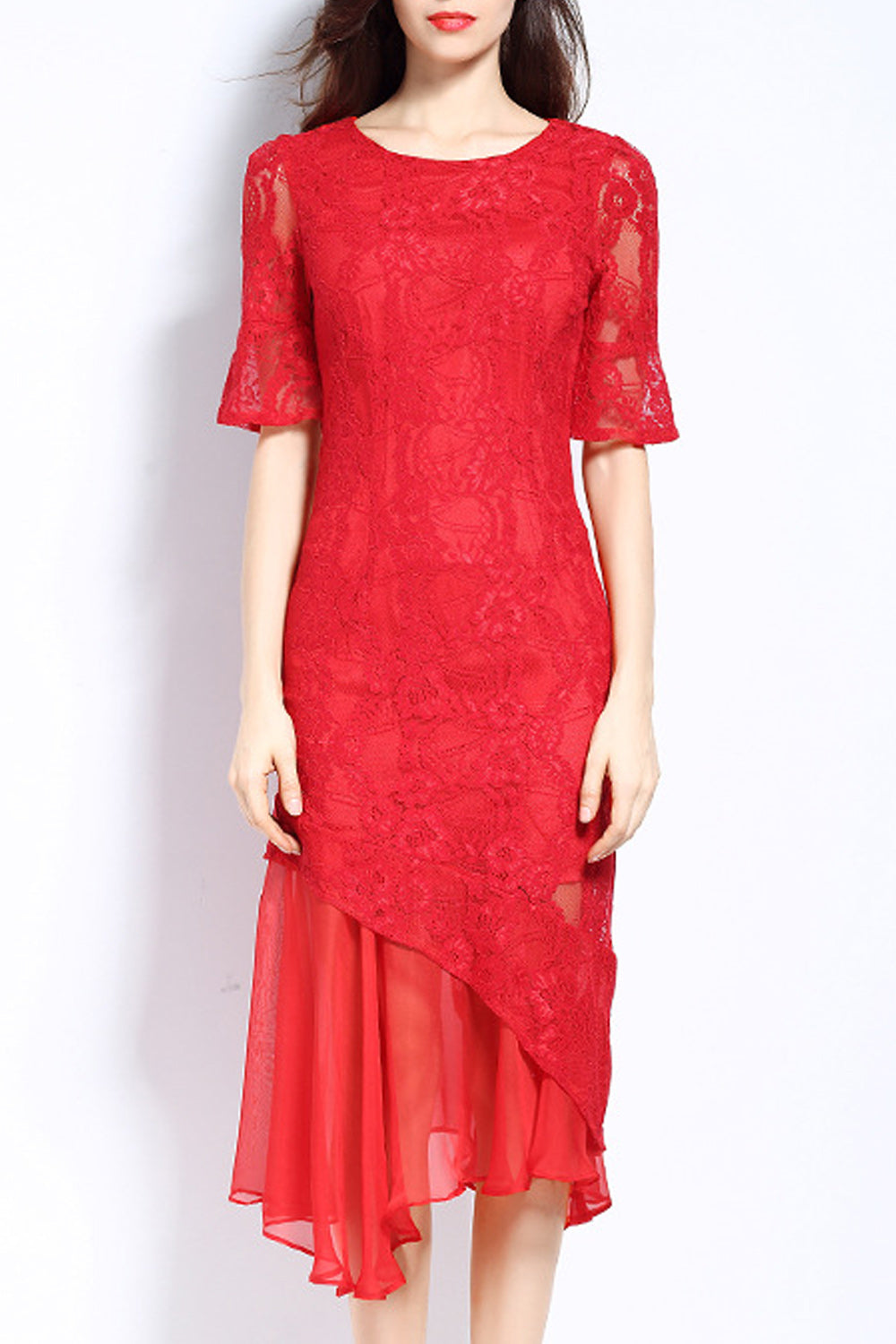 Women Superb Irregular Hem Solid Pattern Round Neck Dress