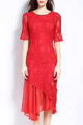 Women Superb Irregular Hem Solid Pattern Round Neck Dress