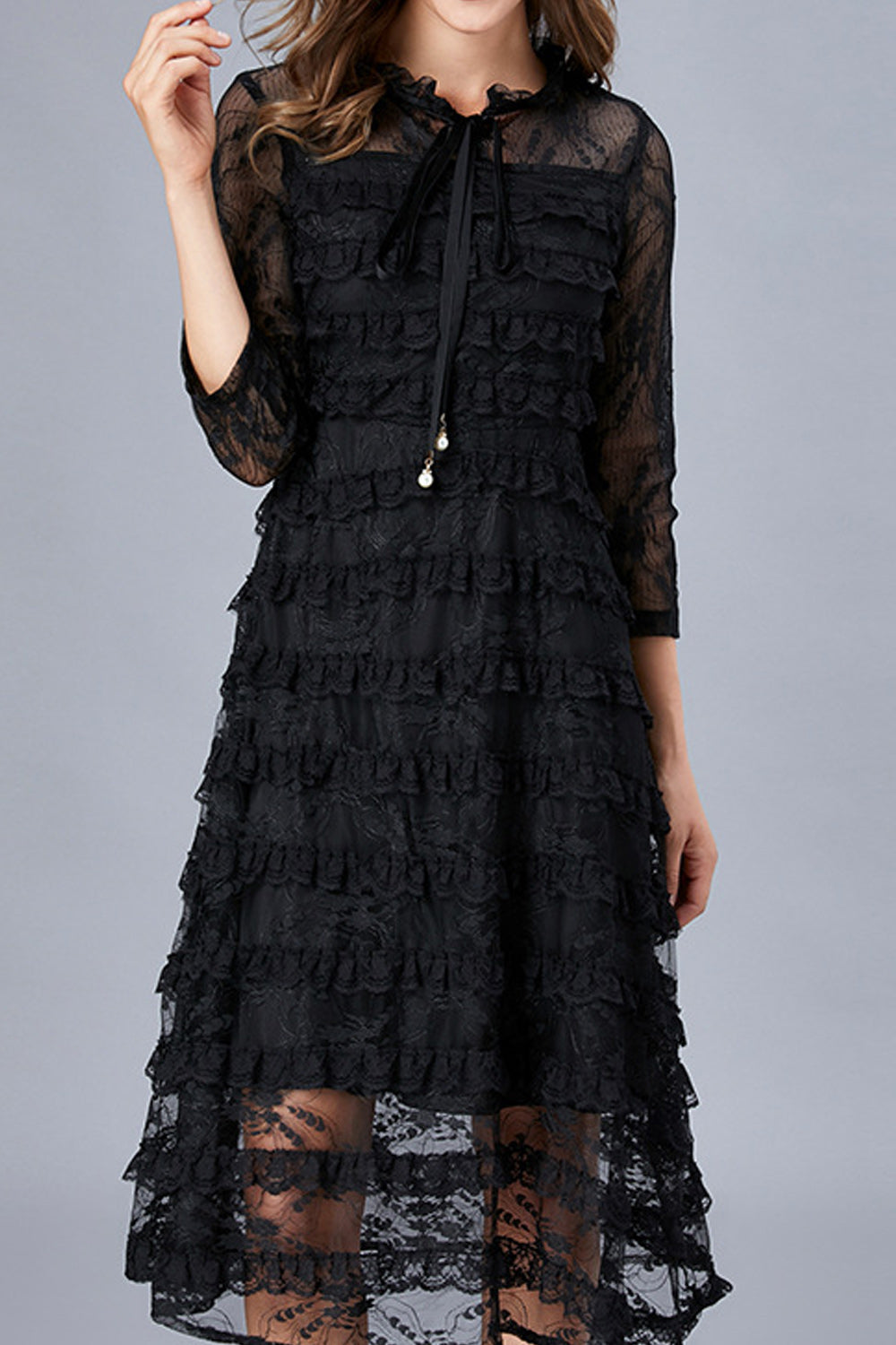 Women Solid Color Strap Bow Neck Floral Lace Pattern Dress