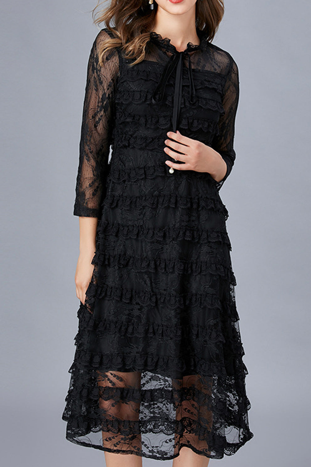 Women Solid Color Strap Bow Neck Floral Lace Pattern Dress