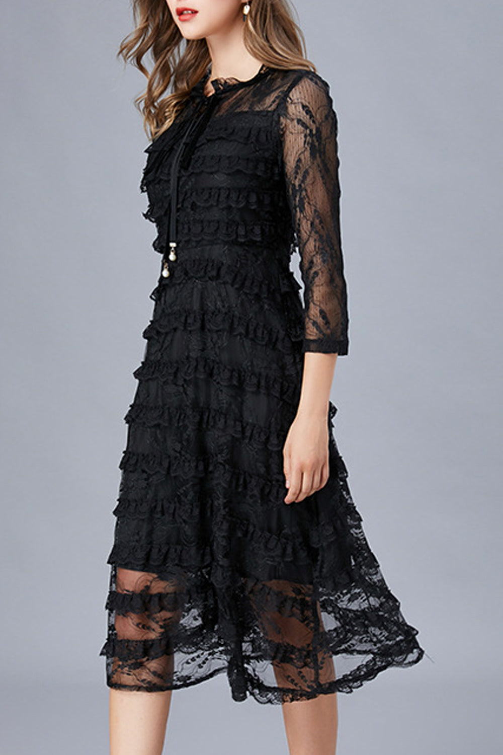 Women Solid Color Strap Bow Neck Floral Lace Pattern Dress