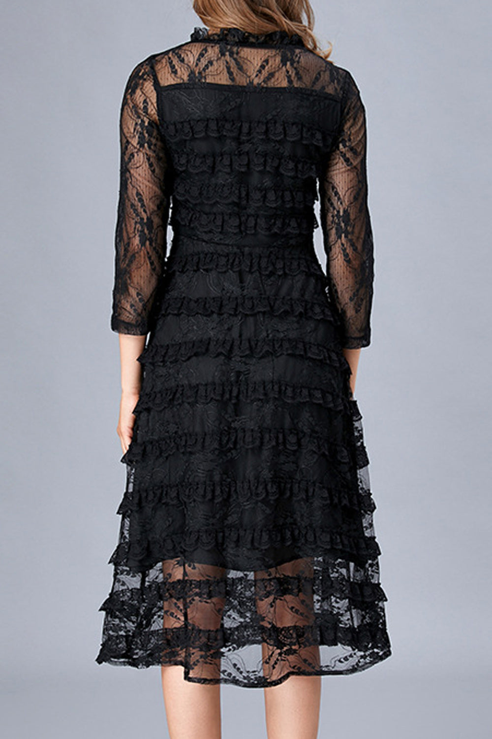 Women Solid Color Strap Bow Neck Floral Lace Pattern Dress