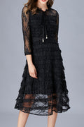 Women Solid Color Strap Bow Neck Floral Lace Pattern Dress