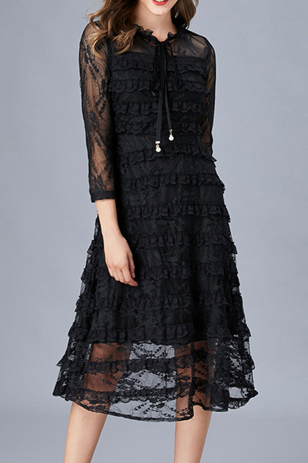 Women Solid Color Strap Bow Neck Floral Lace Pattern Dress