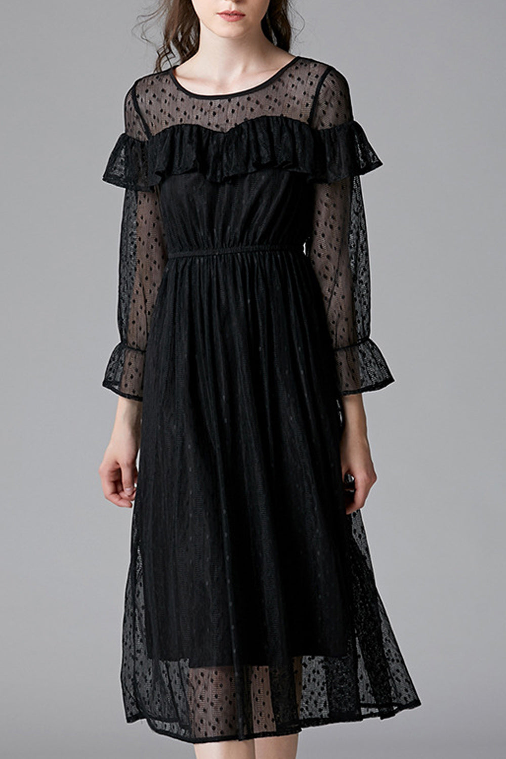 Women Black Color Ruffle Decorated Transparent Sleeve Dress