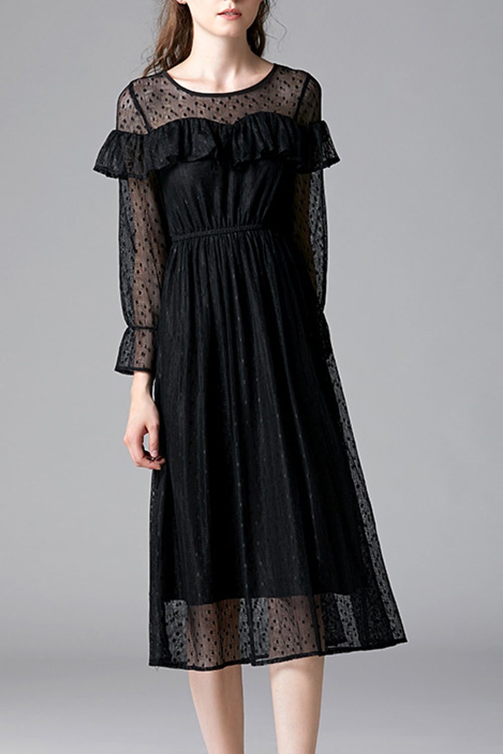 Women Black Color Ruffle Decorated Transparent Sleeve Dress