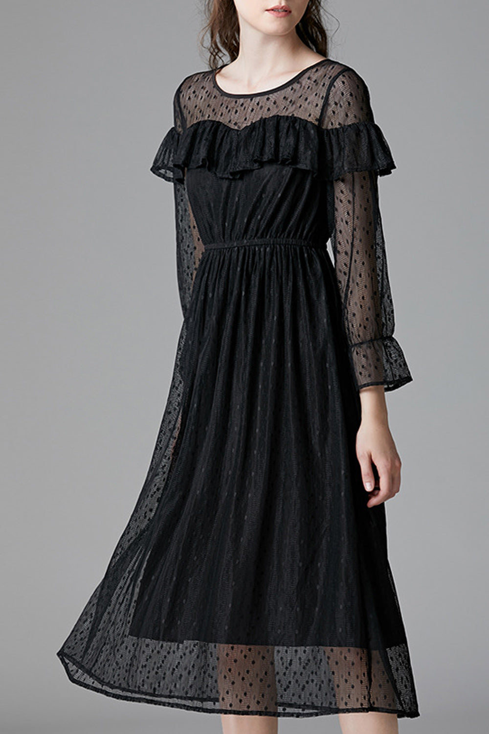 Women Black Color Ruffle Decorated Transparent Sleeve Dress