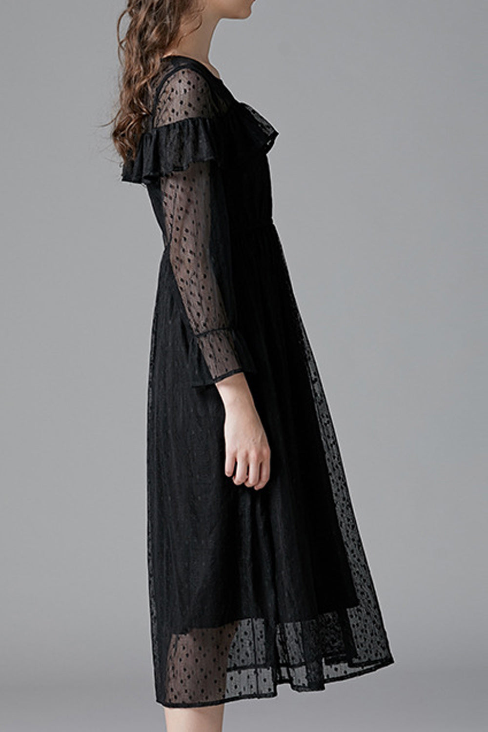 Women Black Color Ruffle Decorated Transparent Sleeve Dress