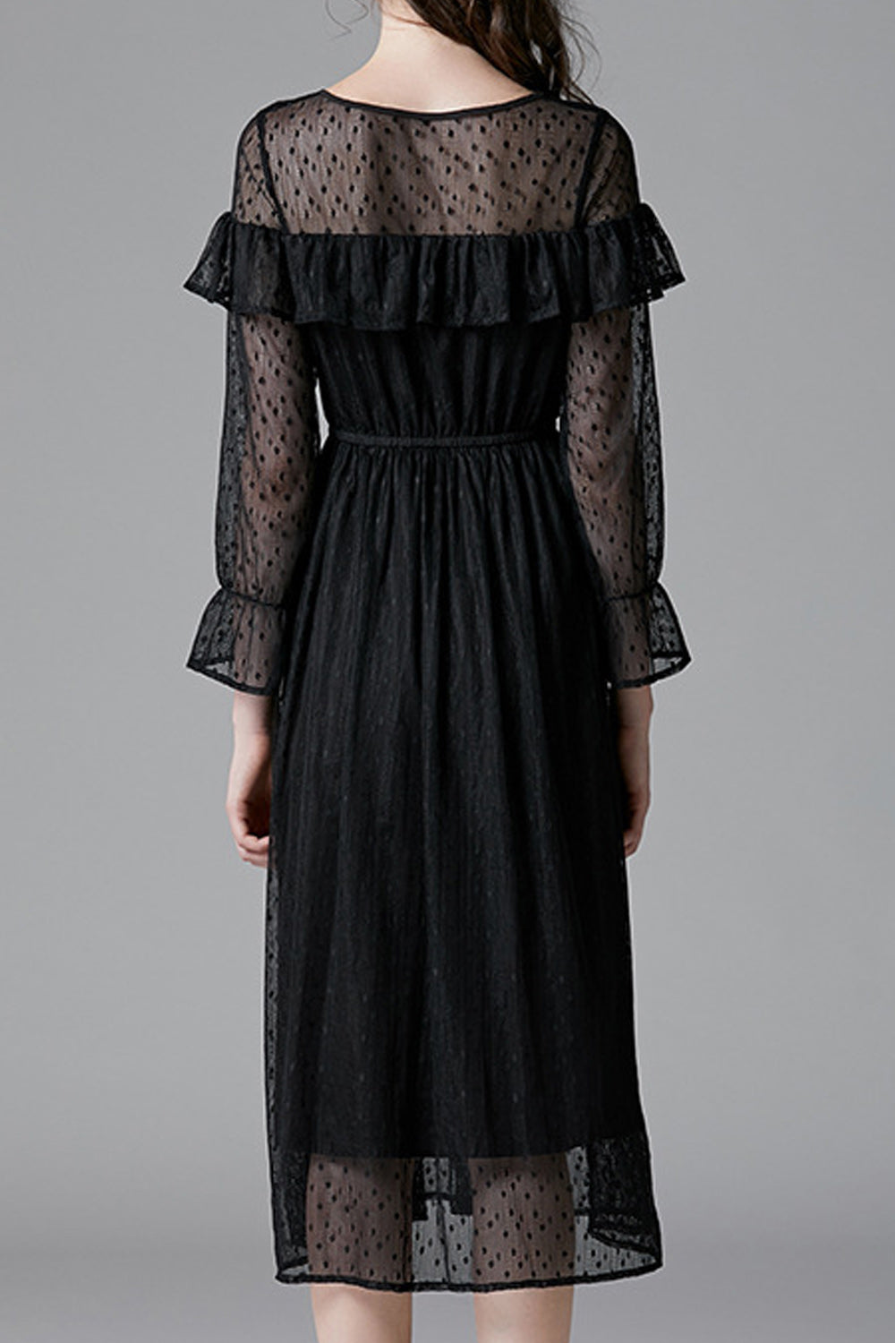 Women Black Color Ruffle Decorated Transparent Sleeve Dress