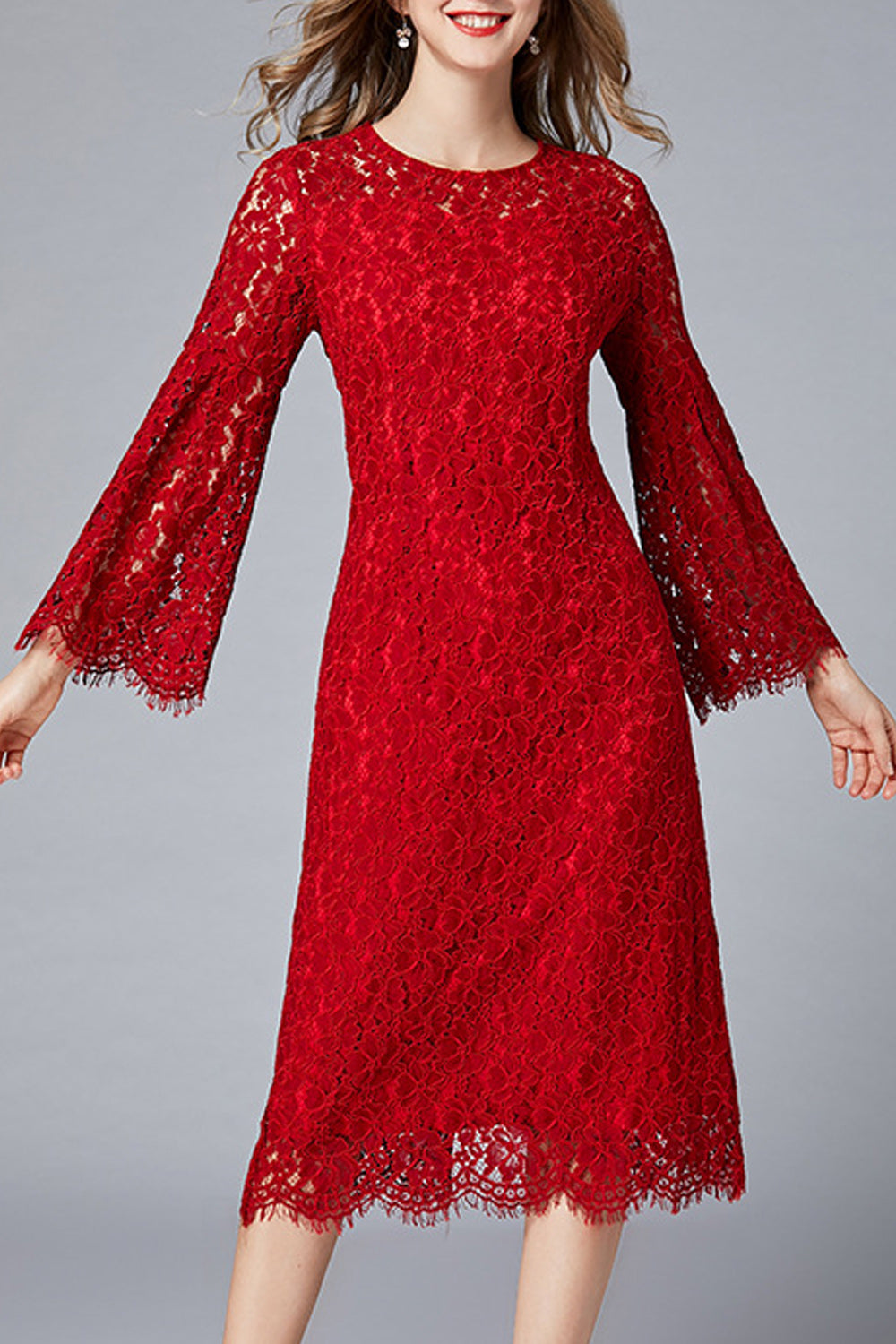 Women Fashionable Solid Color Floral Lace Pattern Flare Sleeve Dress