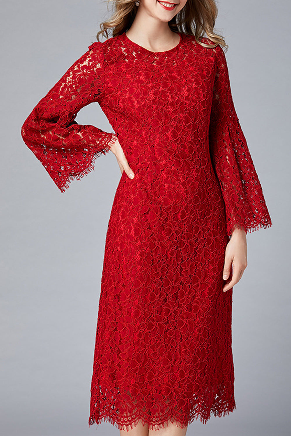 Women Fashionable Solid Color Floral Lace Pattern Flare Sleeve Dress