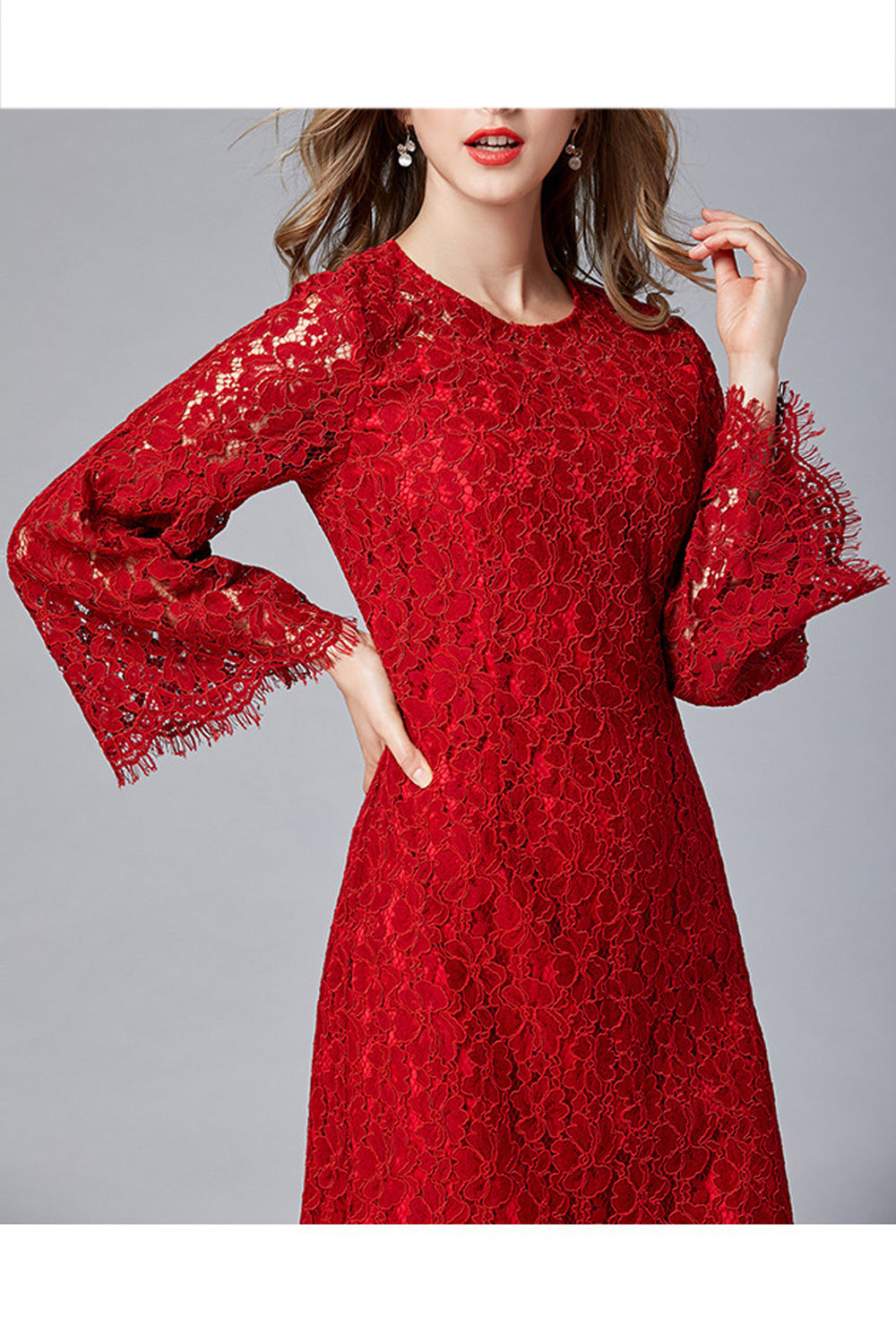 Women Fashionable Solid Color Floral Lace Pattern Flare Sleeve Dress
