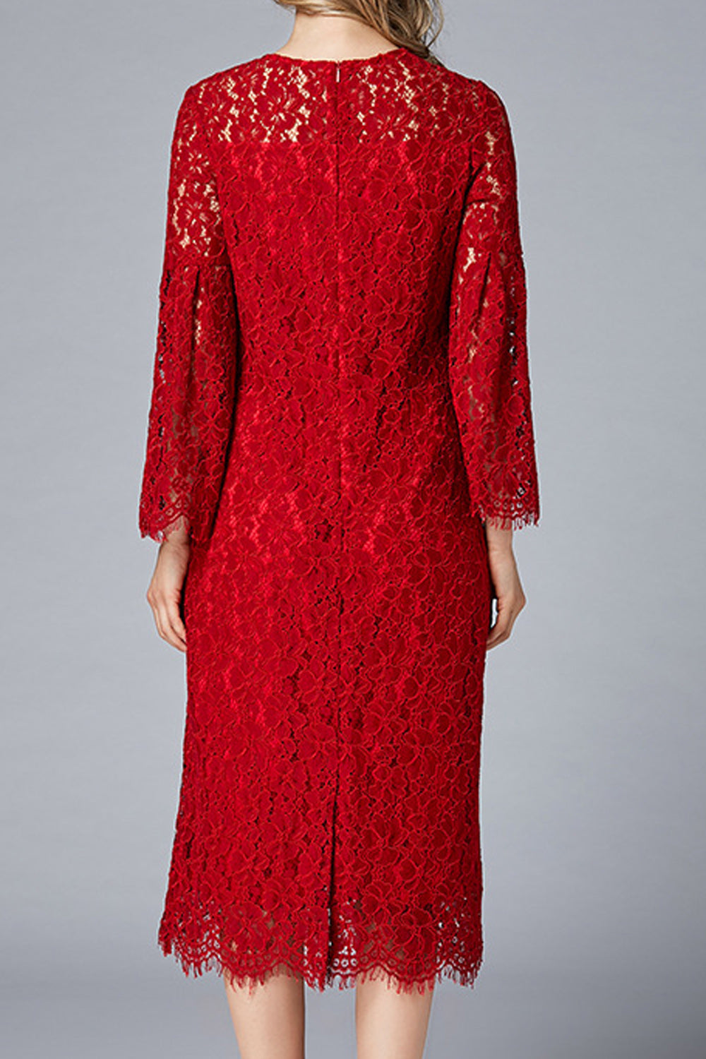 Women Fashionable Solid Color Floral Lace Pattern Flare Sleeve Dress
