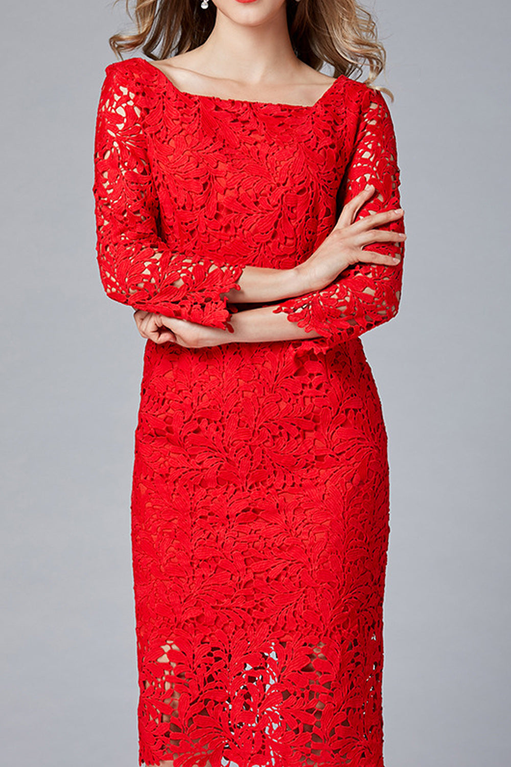 Women Charming Square Collar Red Color Floral Lace Pattern Dress