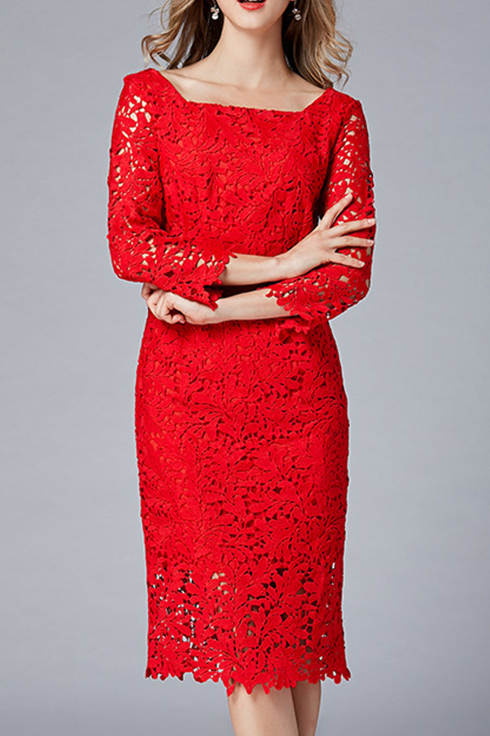 Women Charming Square Collar Red Color Floral Lace Pattern Dress