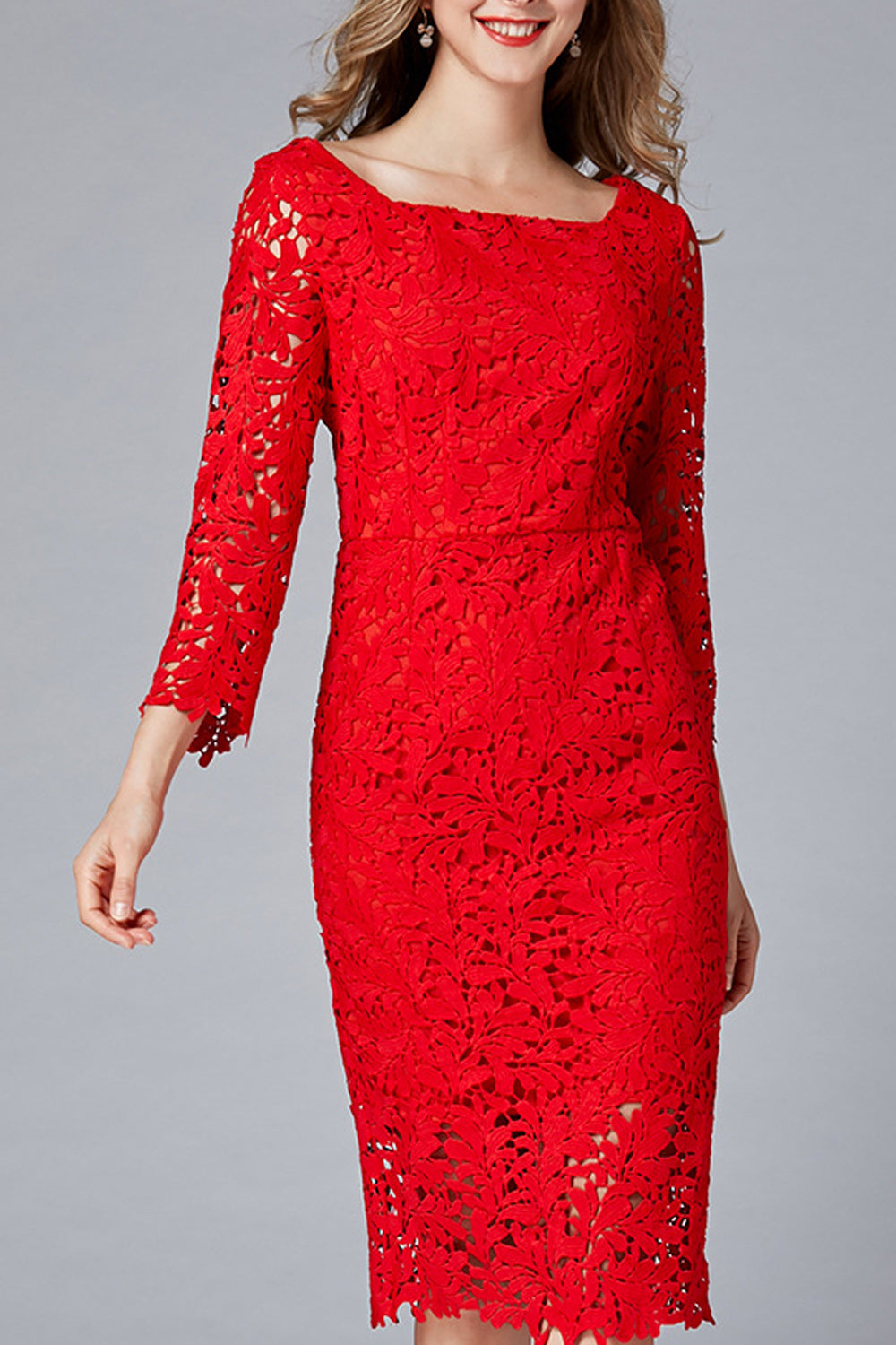 Women Charming Square Collar Red Color Floral Lace Pattern Dress