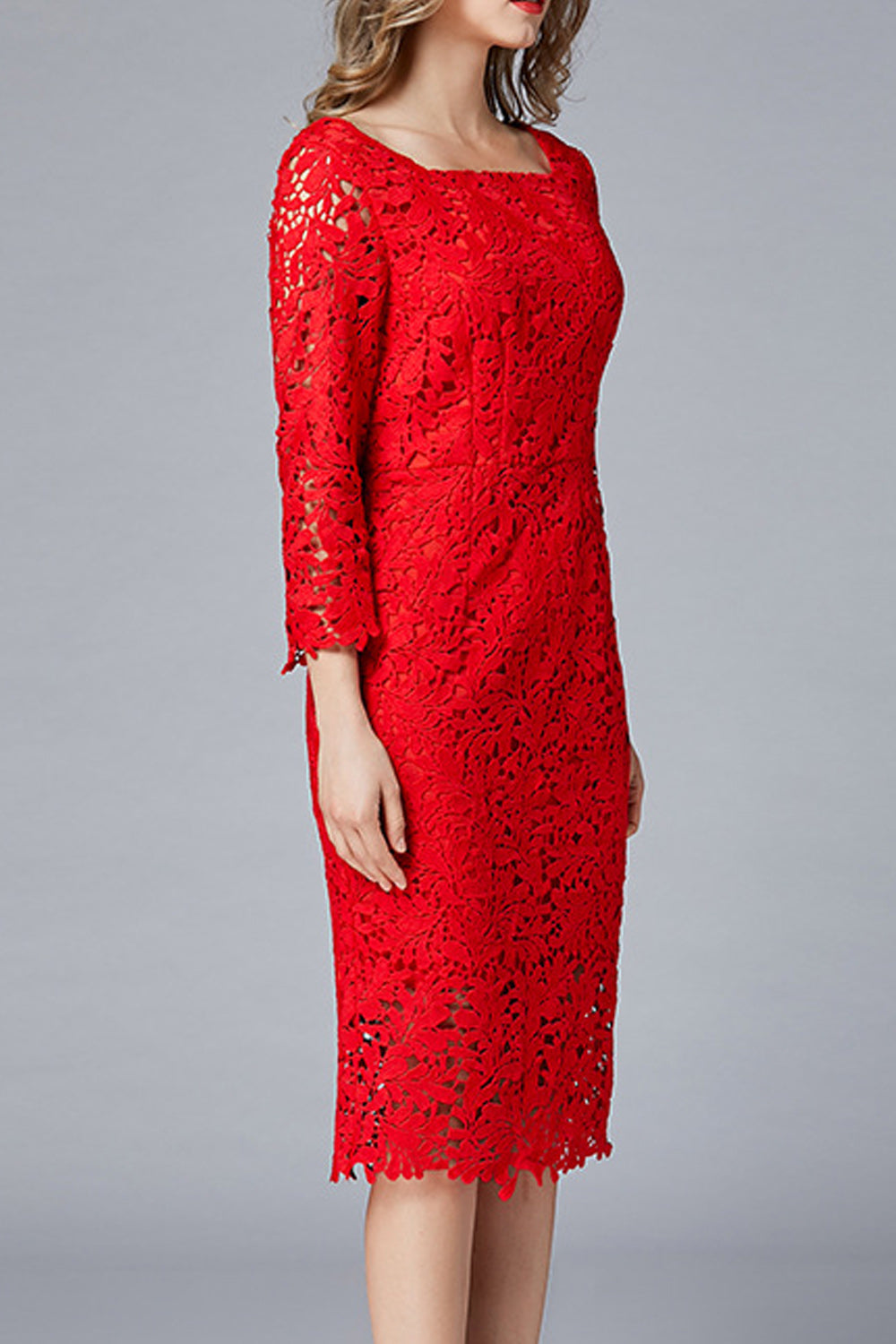 Women Charming Square Collar Red Color Floral Lace Pattern Dress
